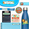 Jungle Animals school name labels on water bottle, pen, and notebook