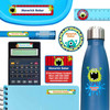 Monster Mayhem waterproof name labels on lunch container, water bottle and school notebook