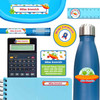 Outer Space school name labels on calculator, water bottle, and ruler