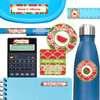 Summer Squeeze waterproof name labels on lunch container, water bottle and school notebook