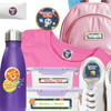Bright summer camp labels on a hygiene bottle paired with waterproof camp labels on a fabric shirt.