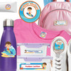 Beach-themed camp name tags on a hygiene bottle paired with camp stick on clothing labels on a cotton t-shirt.
