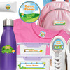 Personalized name labels for camp on a shampoo bottle paired with summer camp clothing labels on a laundered t-shirt.