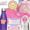 A soap bottle featuring summer camp labels and a fabric shirt using waterproof camp labels for organization.