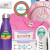 A plastic shampoo bottle featuring camp labels and a cotton t-shirt using camp clothing labels for organization.