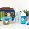 Round write-on labels on baby bottle, kids water bottle and lunch container