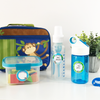 Round write-on labels on baby bottle, kids water bottle and lunch container