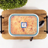 Square write-on labels on freezer meal labeled with cook time and temperature