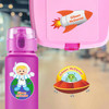 Large die cut astronaut name labels on kids water bottle for school and space adventures