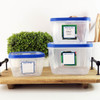 Square write-on labels on freezer meal labeled with cook time and temperature