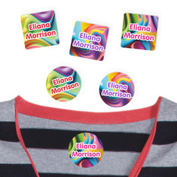 Chromatic Cascades camp clothing labels — waterproof name stickers on a shirt for summer camp