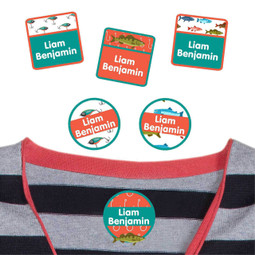 Fishing camp clothing labels — waterproof name stickers on a shirt for summer camp