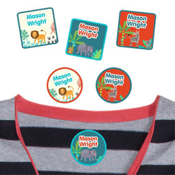 Jungle Animals camp clothing labels — waterproof name stickers on a shirt for summer camp