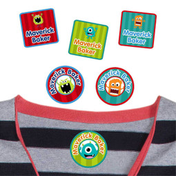 Monster Mayhem camp clothing labels — waterproof name stickers on a shirt for summer camp