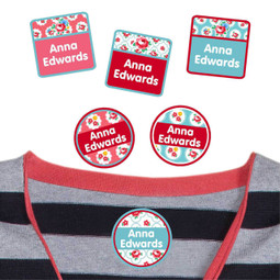 Garden Roses camp clothing labels — waterproof name stickers on a shirt for summer camp