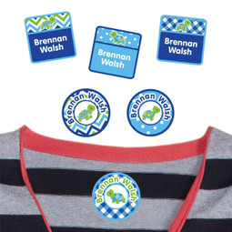 Turtles camp stick on clothing labels on a shirt.