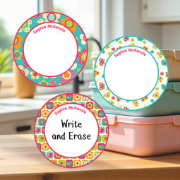 Multi-surface large round write-on labels seasonal spring personalized durable name tags