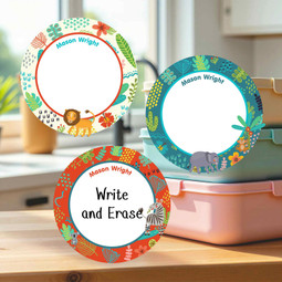 Multi-surface large round write-on labels jungle animal design personalized name tags