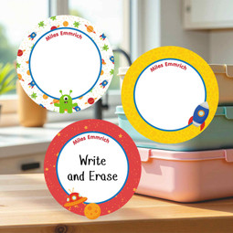 Durable large round write-on labels outer space theme personalized name tags