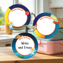 Freezer-safe large round write-on labels astronaut design multi-surface name tags