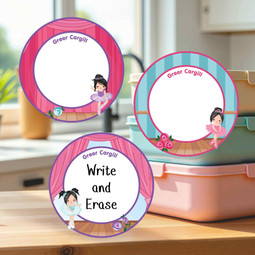 Multi-surface large round write-on labels ballet theme personalized name tags