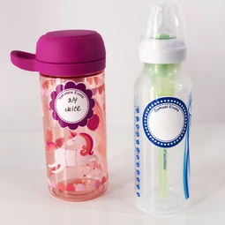 Reusable write-on stickers for daycare bottles, cups and food storage