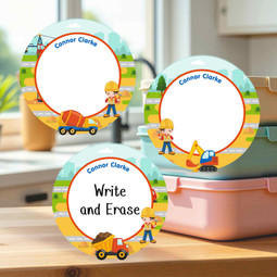 Durable large round write-on labels construction theme personalized name tags