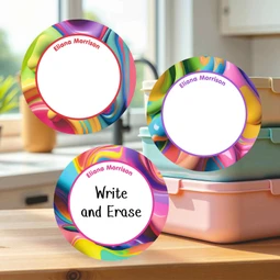 Tear-resistant large round write-on labels chromatic design personalized name tags