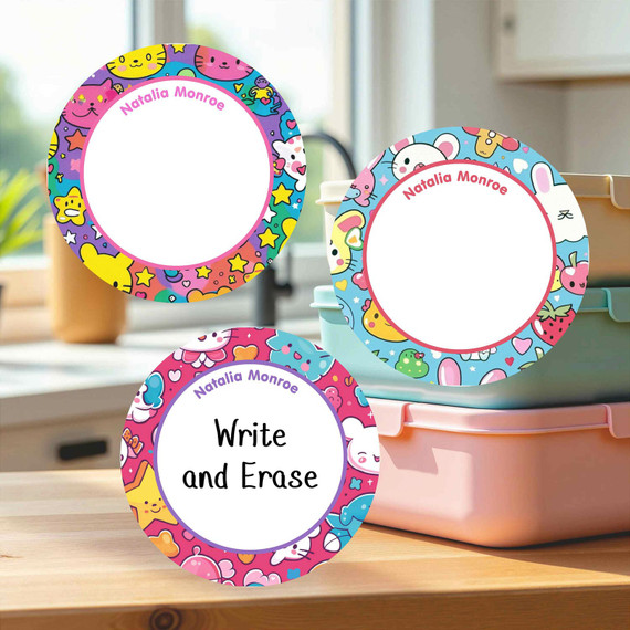 Multi-surface large round write-on labels kawaii design personalized name tags