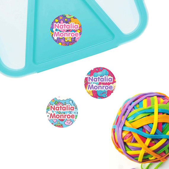 Kawaii Cuties small round name labels — waterproof circle stickers for kids