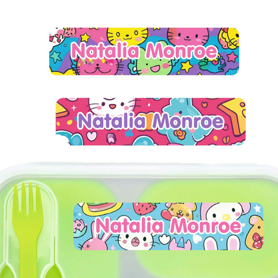 Kawaii Cuties large rectangle name labels — waterproof sticker labels for school supplies and water bottles