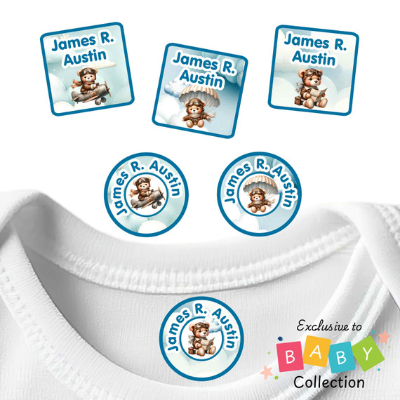 Waterproof bear adventures clothing labels with aviator bear flying airplane for daycare clothes and baby items
