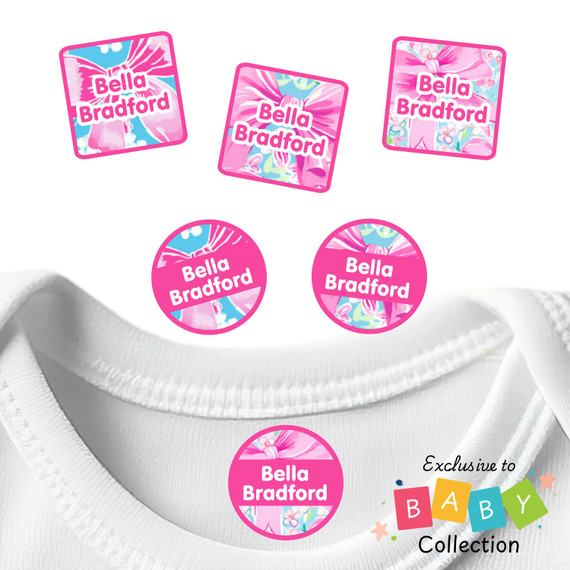 Waterproof baby clothing labels with bright oversized bows on blue backgrounds for daycare clothes and infant items