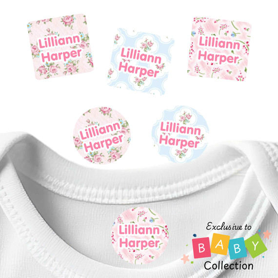 Waterproof baby clothing labels with vintage rose patterns on soft pastel backgrounds for daycare clothes and infant items