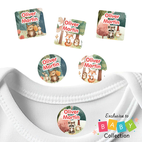 Waterproof baby clothing labels with watercolor forest animals and woodland creatures for daycare clothes and infant items