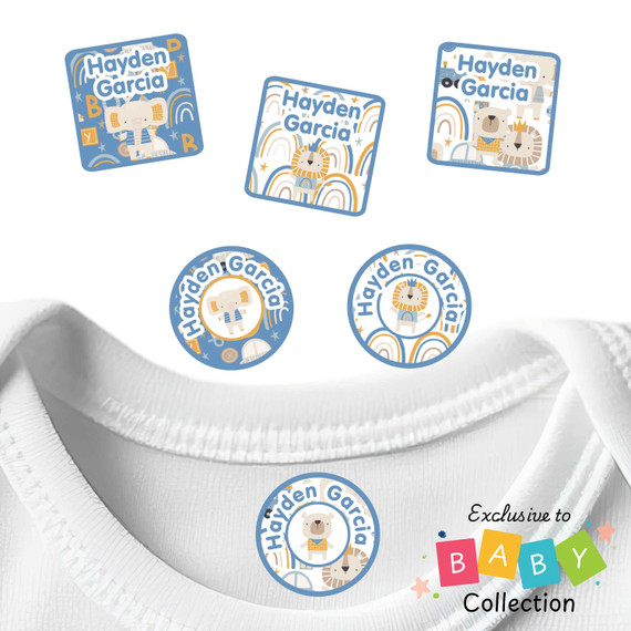 Waterproof baby clothing labels with adorable boy patterns featuring elephants lions and bears for daycare clothes and infant items