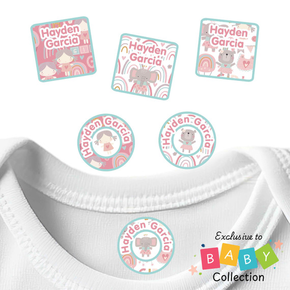 Sticky Monkey Labels Playtime Pals iron on name tag labels shown on a shirt. The easy way for parents to label kids' gear.