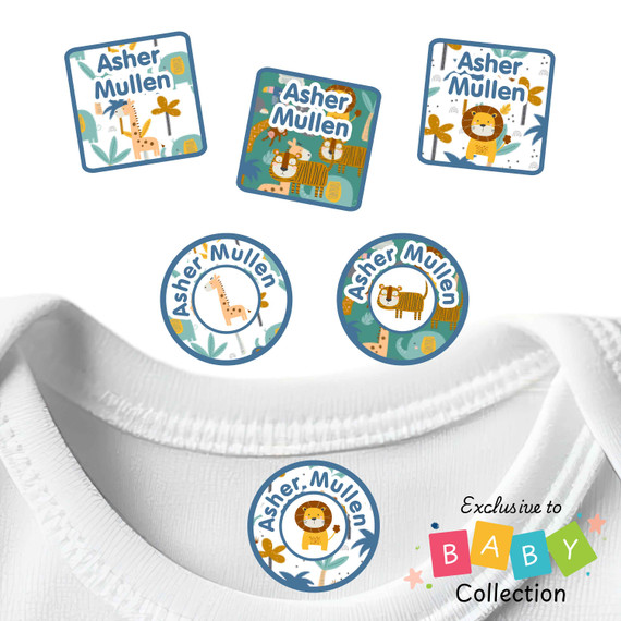 Tigers, Lions, Giraffes, "Oh My!" peel and stick clothing labels — clothing stickers for kids made to order