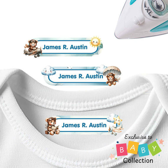 Bear Adventures Large Iron On Labels for Clothes iron on nametags for clothes — personalized iron-on clothing labels for kids