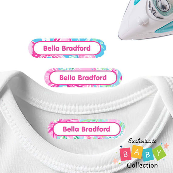 Blossoms and Bows baby clothing label in blue with floral and bow print for nursery outfits