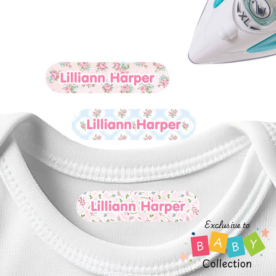 Cottage Rose Large Iron On Labels for Clothes iron on nametags for clothes — personalized iron-on clothing labels for kids