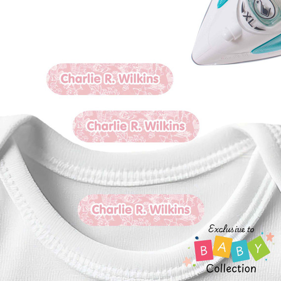 Nursery Toile baby clothing label in light pink with classic scenes for newborn layette