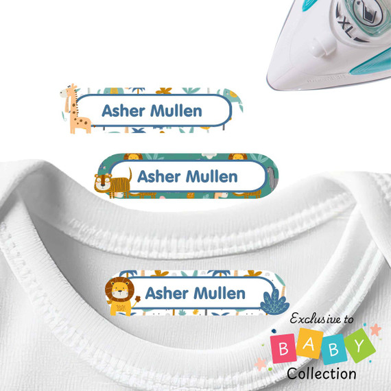 Tigers, Lions, Giraffes, "Oh My!" Large Iron On Labels for Clothes iron on nametags for clothes — personalized iron-on clothing labels for kids