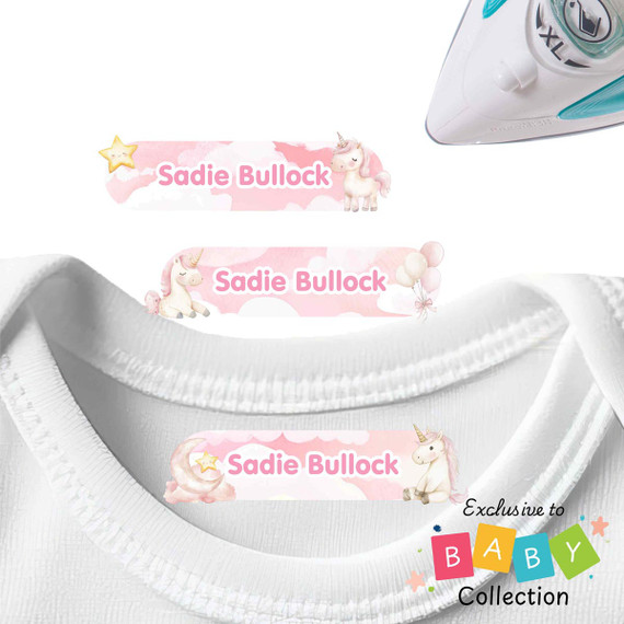 Unicorn Wishes baby clothing label with unicorn and star design for toddler essentials
