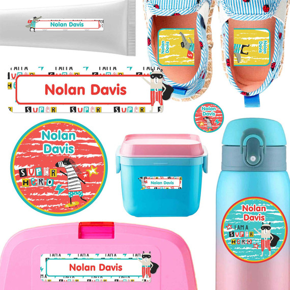 Animal Superheroes name labels for daycare — waterproof daycare labels on bottles, sippy cups and lunchboxes