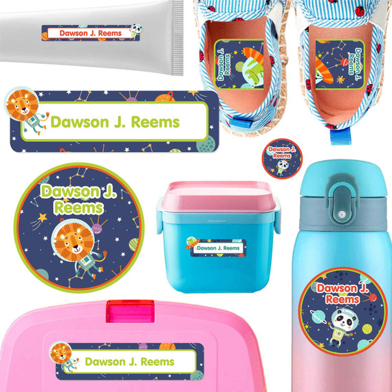 Animals in Space daycare labels pack — personalized waterproof daycare sticker labels for bottles, sippy cups and baby gear