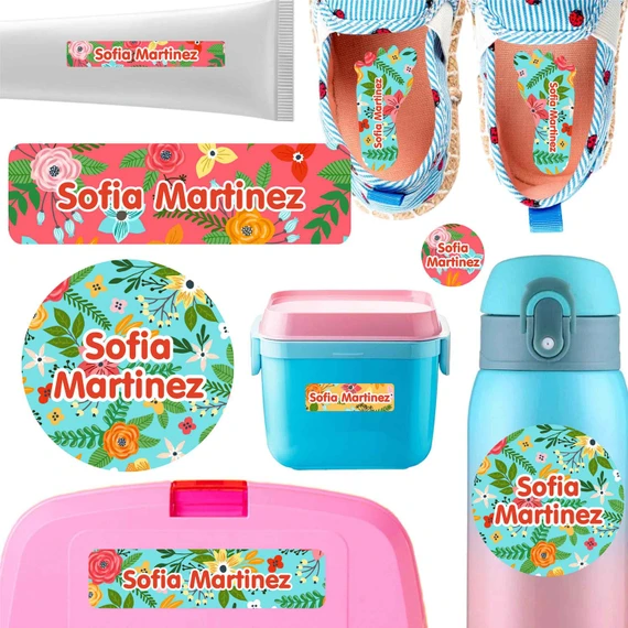 Blossoms name labels for daycare — waterproof daycare labels on bottles, sippy cups and lunchboxes