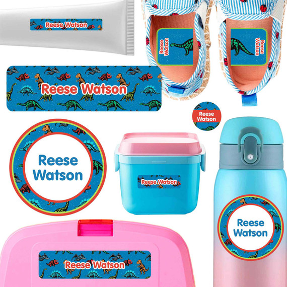 Dino Fossils daycare label pack — personalized waterproof stickers for babies and toddlers