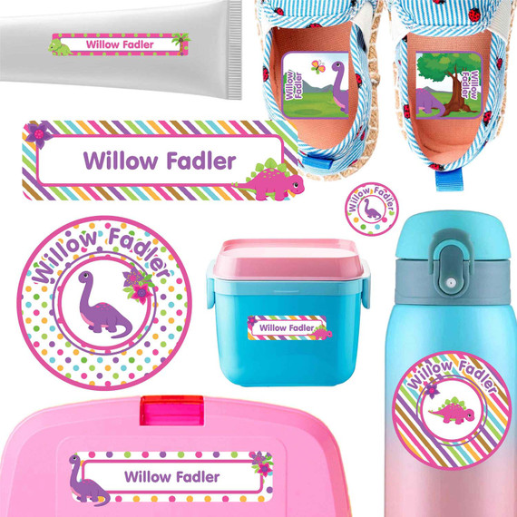 Dinosaur Friends daycare label pack — personalized waterproof stickers for babies and toddlers