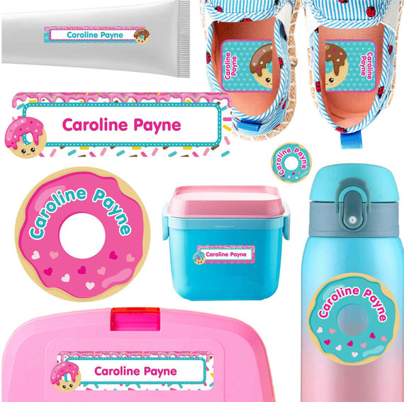 Donuts name labels for daycare — waterproof daycare labels on bottles, sippy cups and lunchboxes